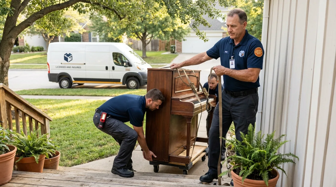 Licensed piano movers securing grand piano in Inkster, MI
