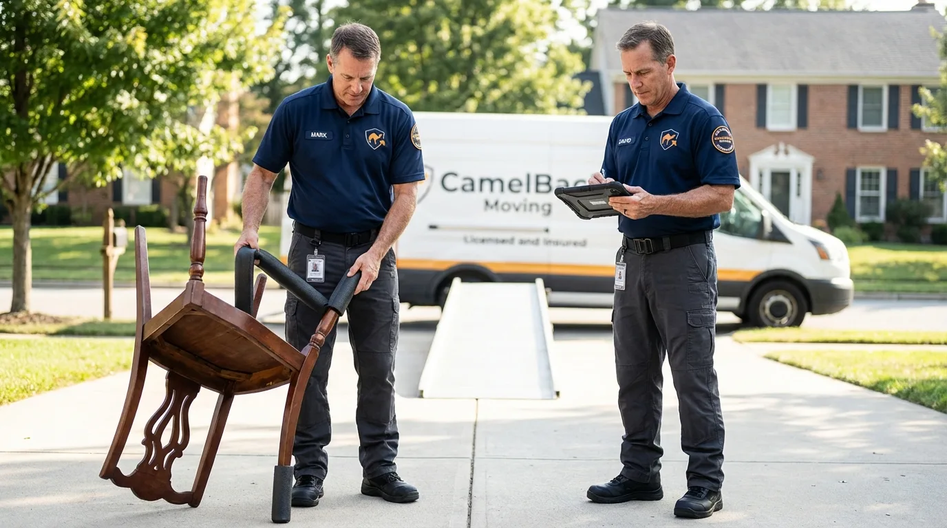 Movers inspecting furniture for damage prevention before loading in Inkster, MI