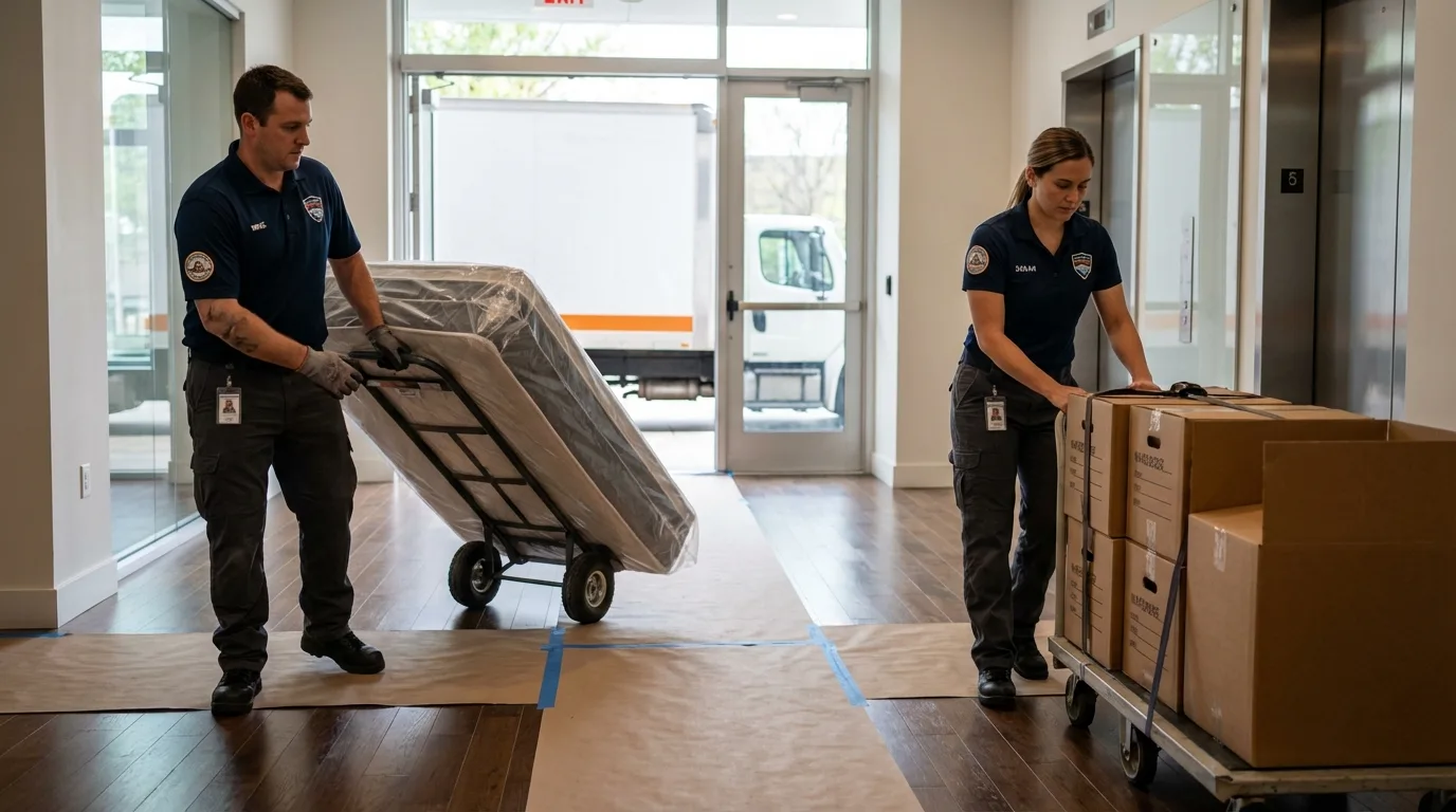 Professional apartment movers loading elevator in Inkster, MI