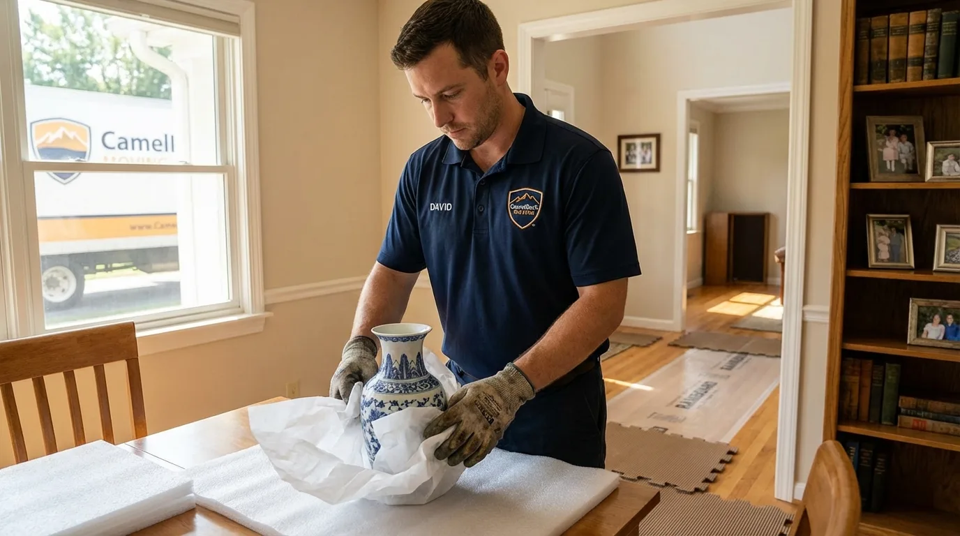 Professional crew carefully wrapping antique vase for senior downsizing move in Inkster, MI